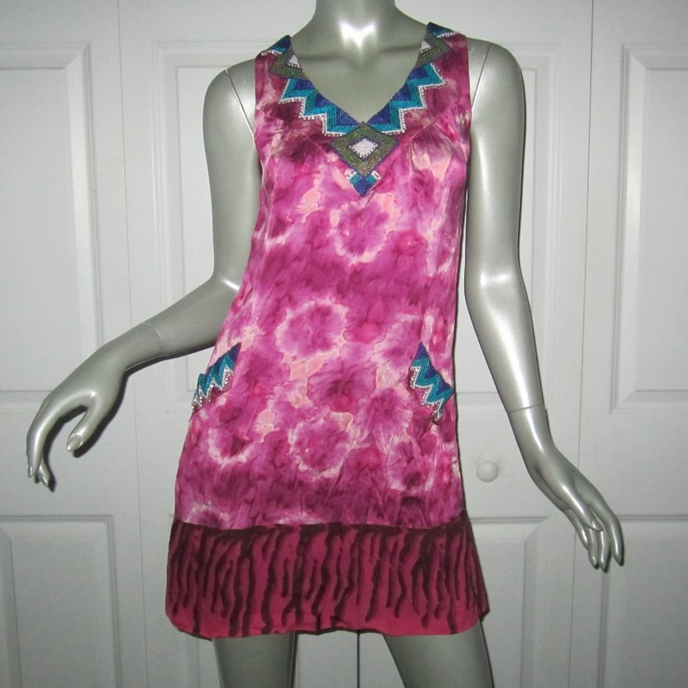 CALYPSO ST. BARTH Pink Silk Tie Dye Beaded Sleeveless Dress Small